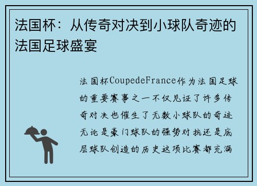 法国杯:从传奇对决到小球队奇迹的法国足球盛宴